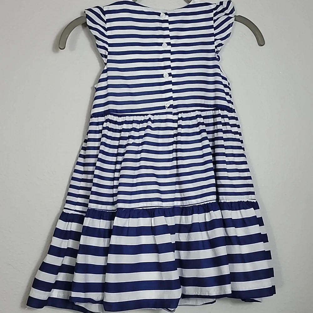 Janie & Jack Striped Ruffle Dress Size 5 Navy White Rosette Cotton Preppy Lined